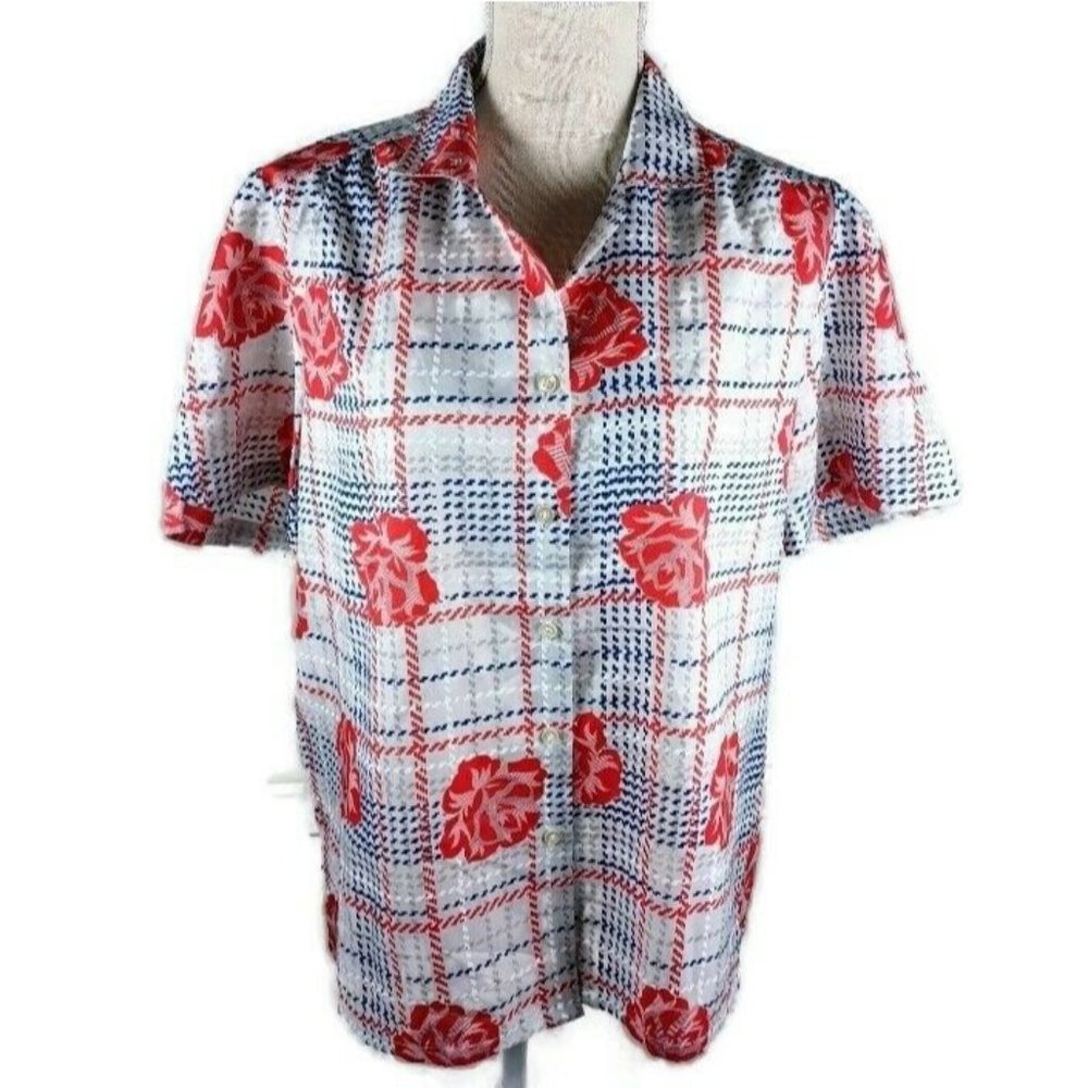 Vintage Fire Islander Floral Houndtooth Button Up